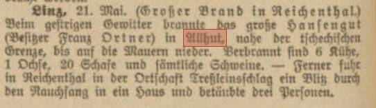 Allhut, Brand, Zeitungsartikel