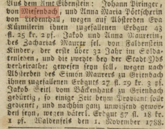 Eibenstein, Liebenthal, Miesenbach, Schloss Waldenfels, Zeitungsartikel