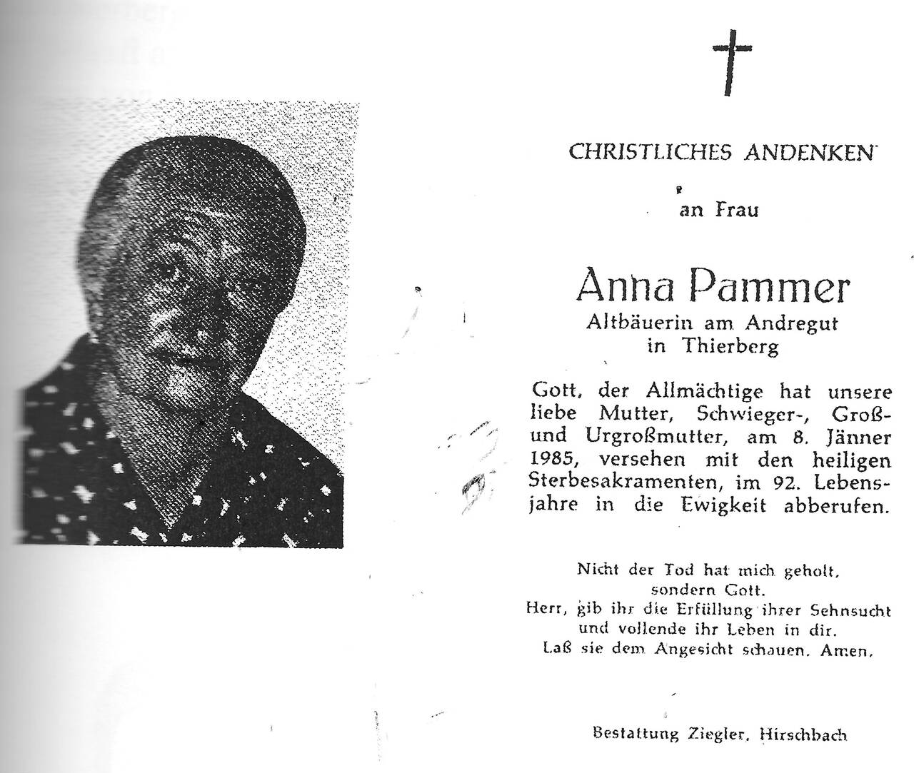 geborene Leitner. Altbäurin am Andregut in Thierberg, Totenbild Anna Pammer